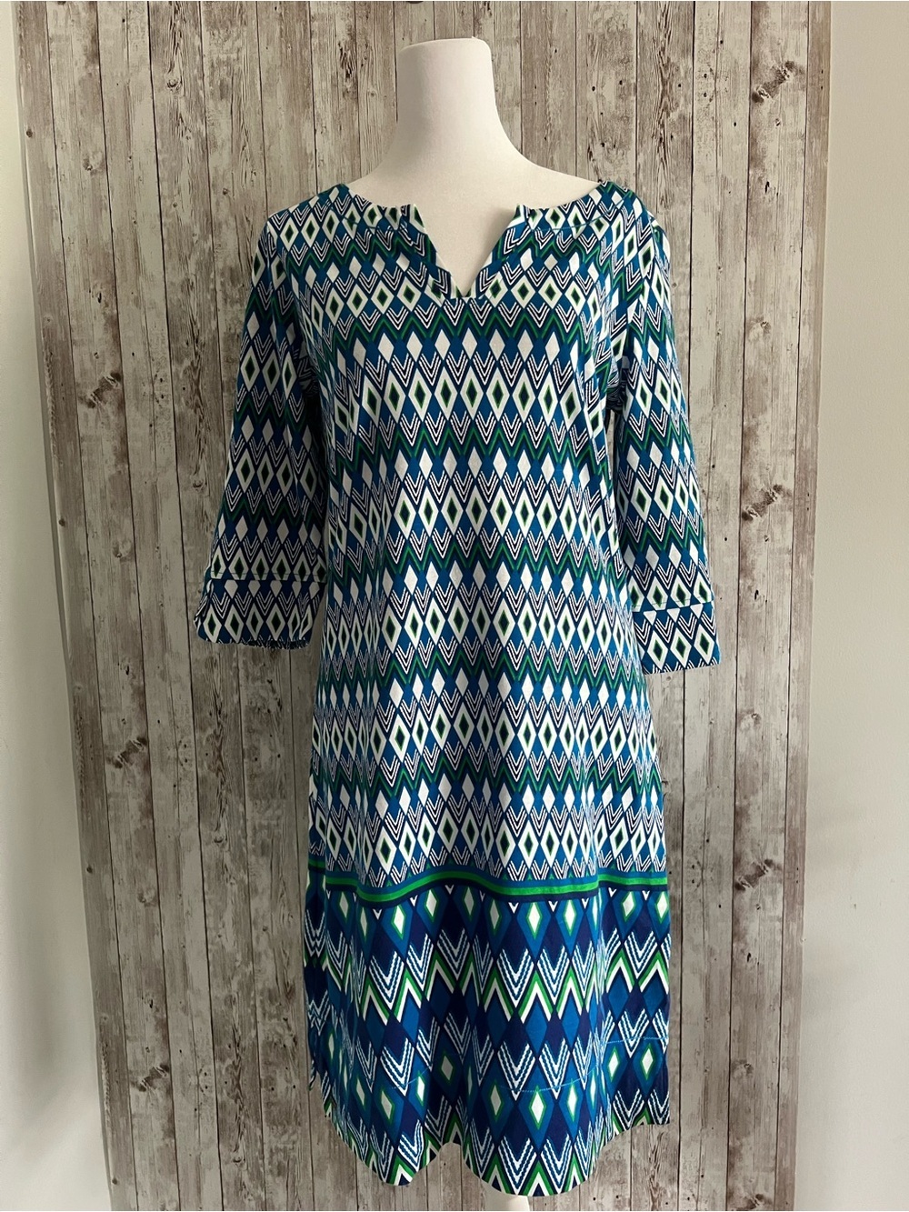 Hatley Blue and Green Geometric Summer Cotton 3/4 Sleeve Dress Small